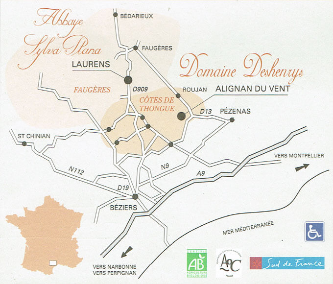 Map of the Abbaye Sylva Plana and Domaine Deshenry's wine cellar and offices and La Table Vigneronne restaurant