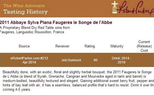 Les notes attribuées au vin Le Songe de l'Abbé 2011 - abbaye Sylva Plana