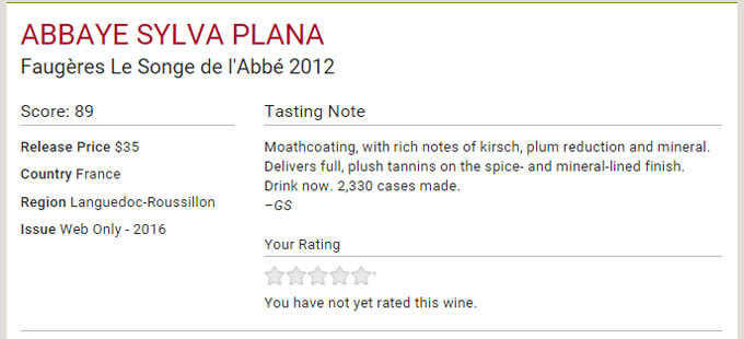 Abbaye Sylva Plana Le Songe de l'Abbé 2012 wine has been awarded by Wine Spectator